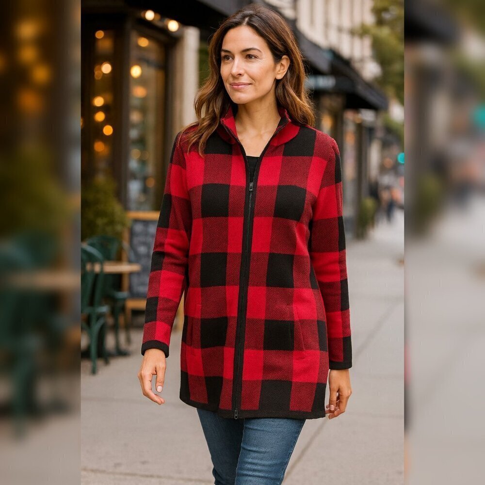 Adrienne Vittadini Red and Black Buffalo Check Full Zip Sweater Women's Sz M